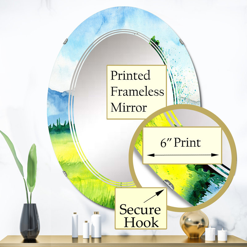 Le champ jaune avec le bel arbre - miroir mural champêtre ovale, 36 po x 24 po