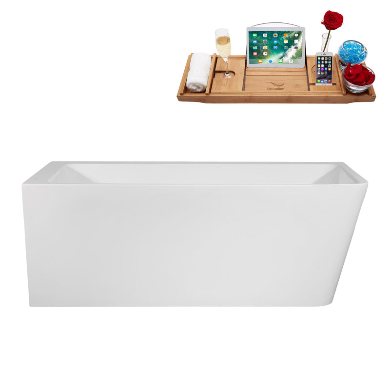 59" Streamline Soaking Freestanding Tub and Tray With Internal Drain, Brushed Gold