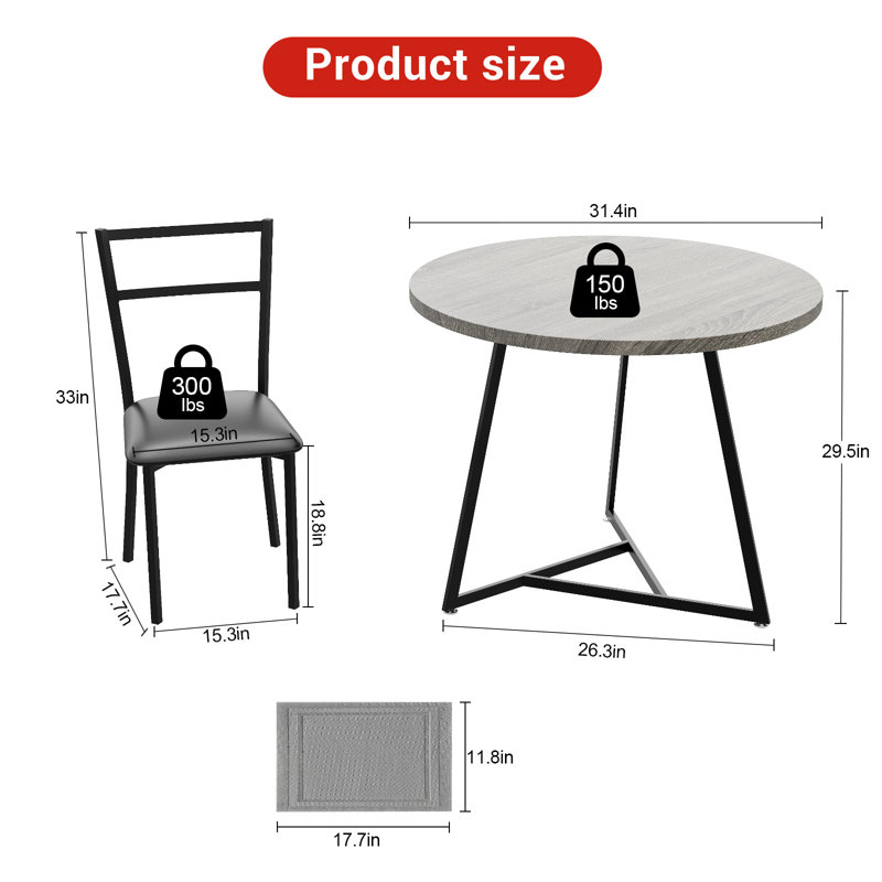Ensemble de table de salle à manger 31,4 pouces pour 2 personnes, ensemble de petites tables de cuisine avec 2 chaises rembourrées et 2 napperons résistants à la chaleur, ensemble bistro et chaises pour la salle à manger, café, gris