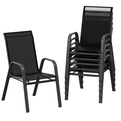 Ensemble de 6 chaises de patio empilables - Chaises d'extérieur toutes saisons avec textilène noir léger, dossier haut et accoudoirs, capacité de 140 kg pour le jardin, la piscine, la terrasse, la cour (noir, 6 pièces)