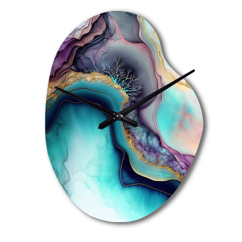 Horloge murale géométrique abstraite bleue et mauve à motif géométrique irrégulier, Petit
