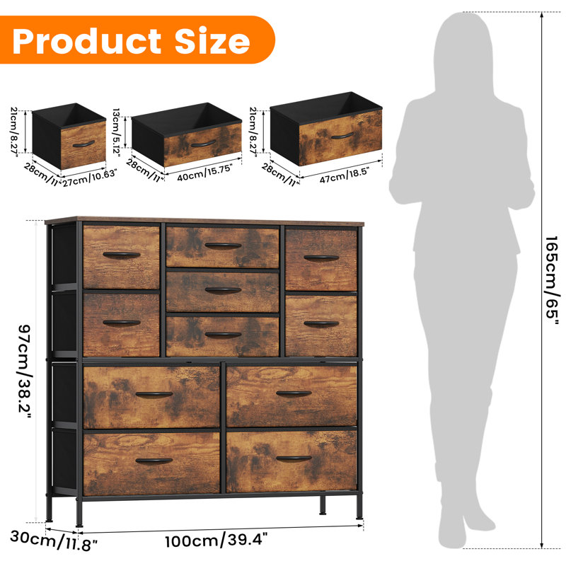 100 cm W Chest of 11 Drawers, Oak Brown