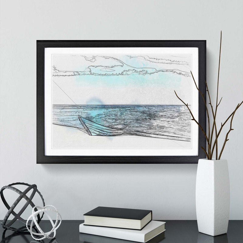 Blue Boat upon the Beach in Abstract - Picture Frame Drawing Print, 36cm H x 48cm W x 2cm D, Black Framed