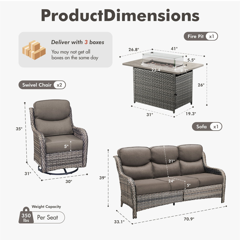 5 - Person Handwoven Wicker Patio Conversation Fire Pit Set With 5" Olefin Cushions Swivel Glider Chairs, Gray, Gray