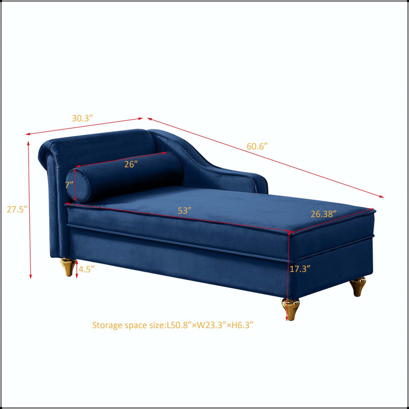 Chaise longue en velours avec rangement et pieds dorés, Marine