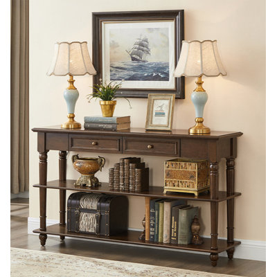 Traditional Farmhouse Solid Wood Long Console Table, Two Storage Drawers Triple Tier Turned Spindle Leg Narrow Entryway Sofa Table For Hall Display Storage