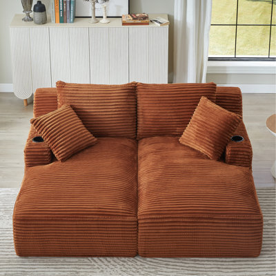 Orange Corduroy Fluffy Modern With Double Chaise Lounge And Cupholders, High - Density Spring Padding For Comfort, No Assembly Needed 2 Seat Living Room Lounging Socializing, Fabric Style,
