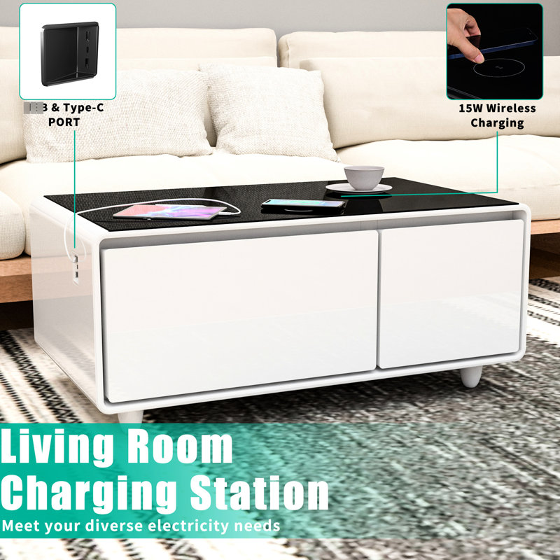 Table basse intelligente avec double refroidissement, recharge sans fil, ports, haut-parleur, atmosphère, réfrigérateur blanc moderne, son, charge -