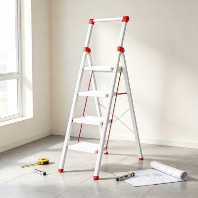 Escabeau avec poignée pour adultes, escabeau pliable avec pédale antidérapante extra large, structure en acier renforcé robuste, pieds en caoutchouc pour la cuisine à domicile, blanc et rouge