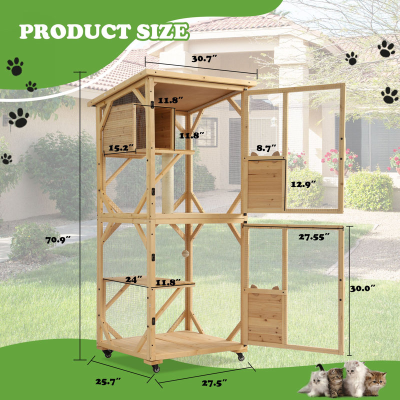 Enceinte d'extérieur pour chat Catio, maisonnette pour chat à 4 niveaux avec toit imperméable, cage pour chat d'intérieur avec roues et plancher amovible, naturel