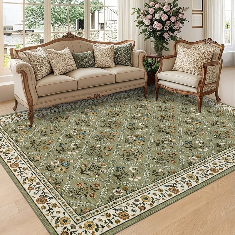 Machine Washable Bordered Rug Non Slip Rug Floral Foldable Rugs for Living Room Bedroom Playroom Nursery Dorm, Green