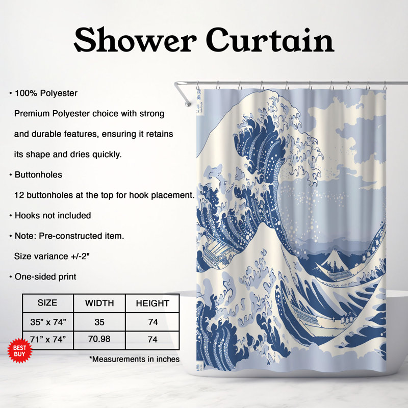 Rideau de douche 1 pièce Iconic Japanese Wave, H 74 po x l 35 po