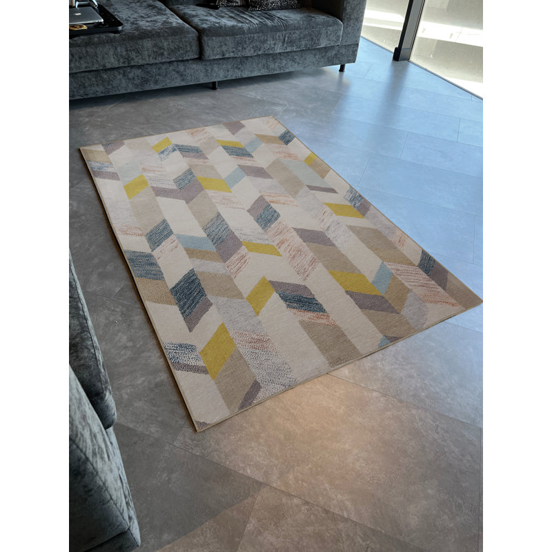 Beige Themed Multi-Colored Stripe Section Geometric Shape Patterned Modern Decorative Rug, Runner 3'9.81" x 9'10.11"