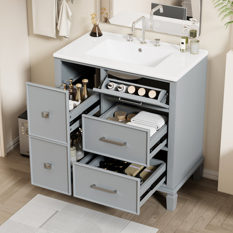 Meuble-lavabo de 30 po avec tiroir rabattable, mécanisme coulissant lisse, finition peinte, poignées argentées pour petites salles de bain Lavabo autoportant de 30 po, rangement double couche, base en bois massif, design moderne