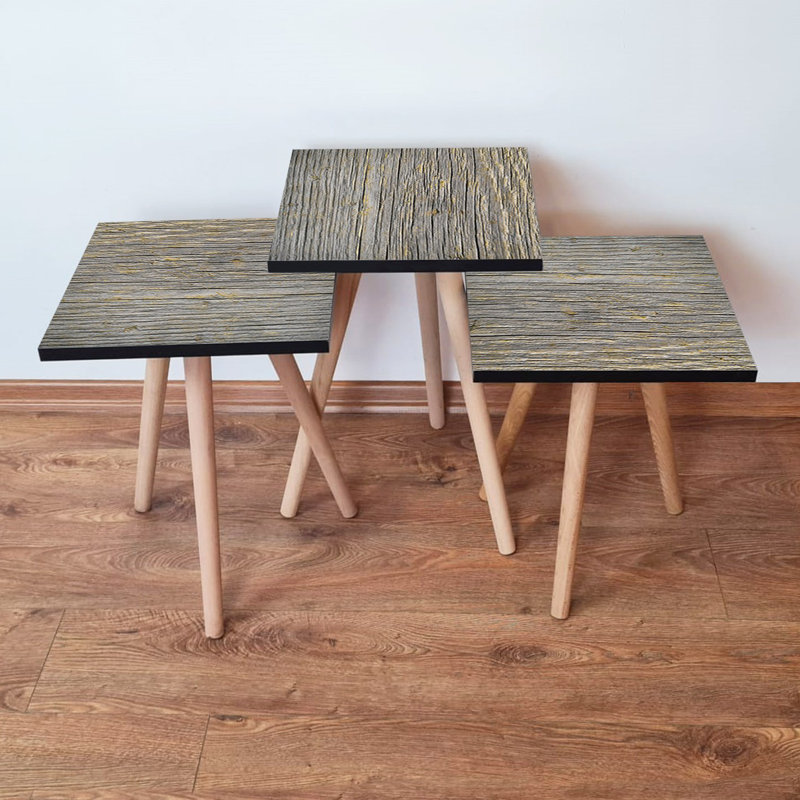 Modern Nesting Table Set (3 Pieces), Grey MDF with Beech Wood Legs | Large: 13.8 x 20.5 x 13.8 in, Medium: 13.8 x 18.5 x 13.8 in, Small: 13.8 x 16.5 x 13.8 in | Stylish Scandinavian Design for Home & Office Use