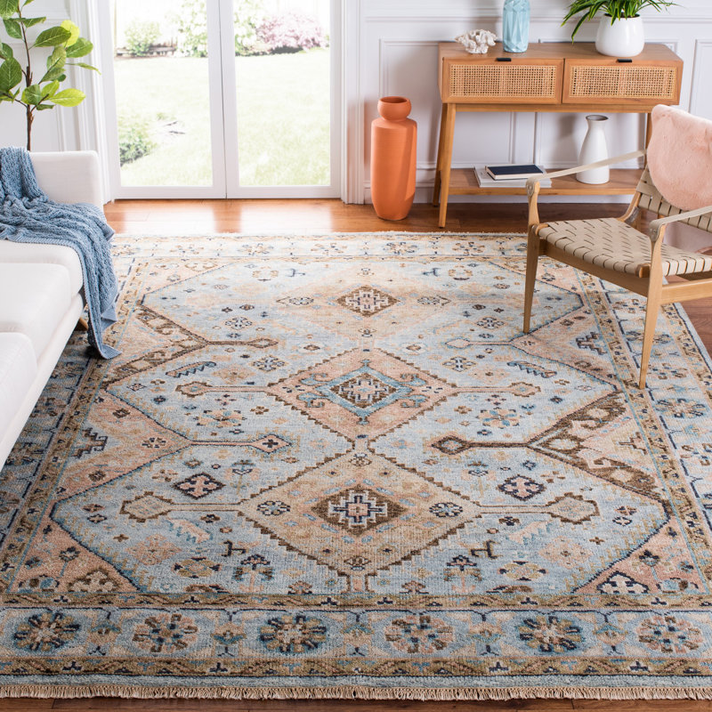 Tapis oriental en laine / coton noué à la main Samarkand bleu clair / beige / brun, Rectangle 9 pi x 12 pi