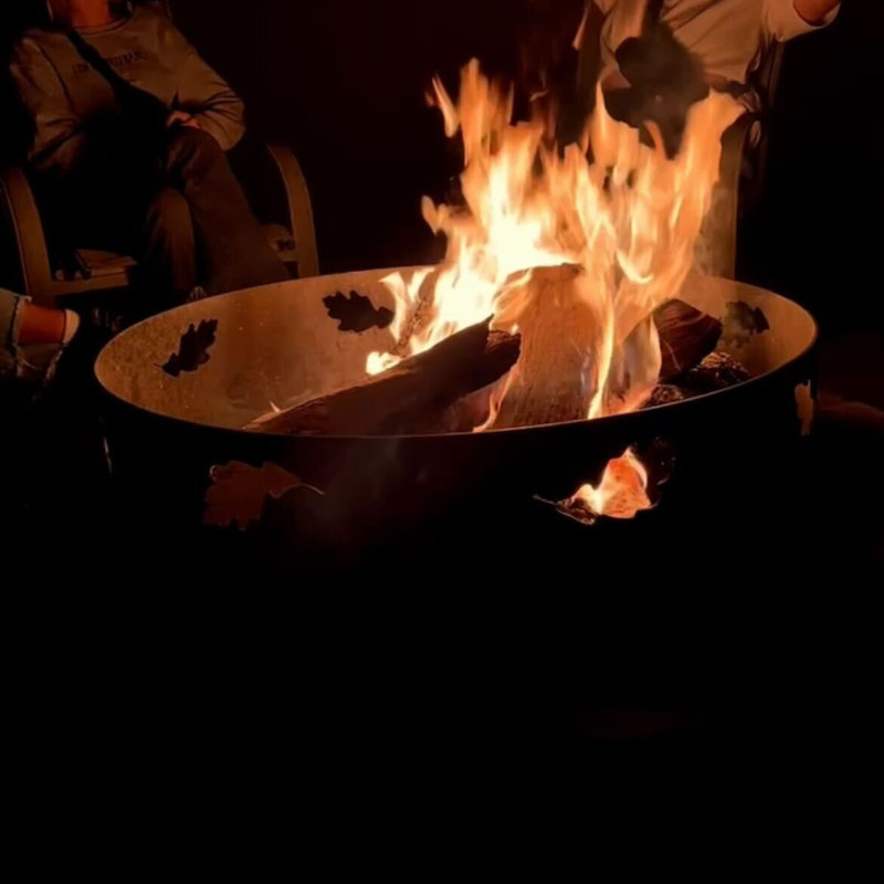 36" Round Fire Pit For Outside Patio, Outdoor Wood Burning Firepit With Oak Leaf Garland Cutout, Raw Steel, 112 LBS, Heavy Duty
