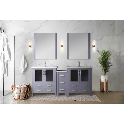 72 In. Dark Grey Double Bath Vanity With Side Cabinets, Faucet, 28 Mirrors, And A Stain - Proof Ceramic W In Grey, Equipped Counter