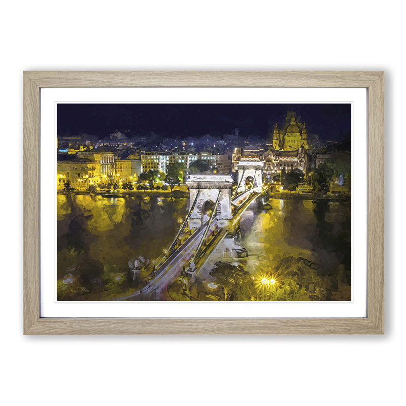 Chain Bridge in Budapest Hungary in Abstract - Picture Frame Graphic Art Print, Oak Framed, 27cm H x 36cm W x 2cm D