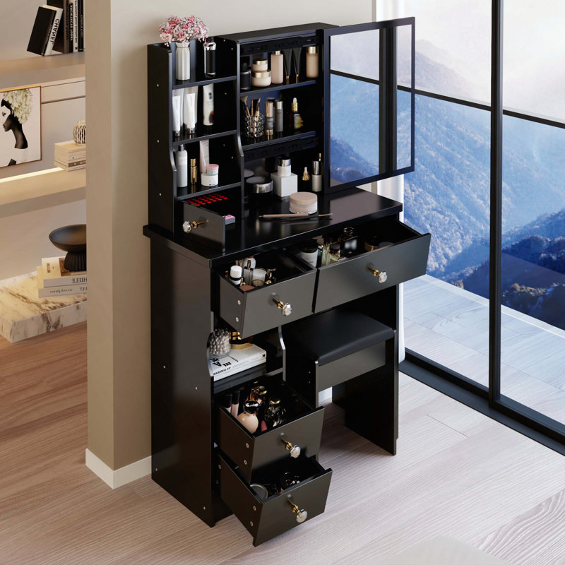 29.2" Small Space Vanity Table with Sliding Mirror, Stool and High Capacity Storage, Black