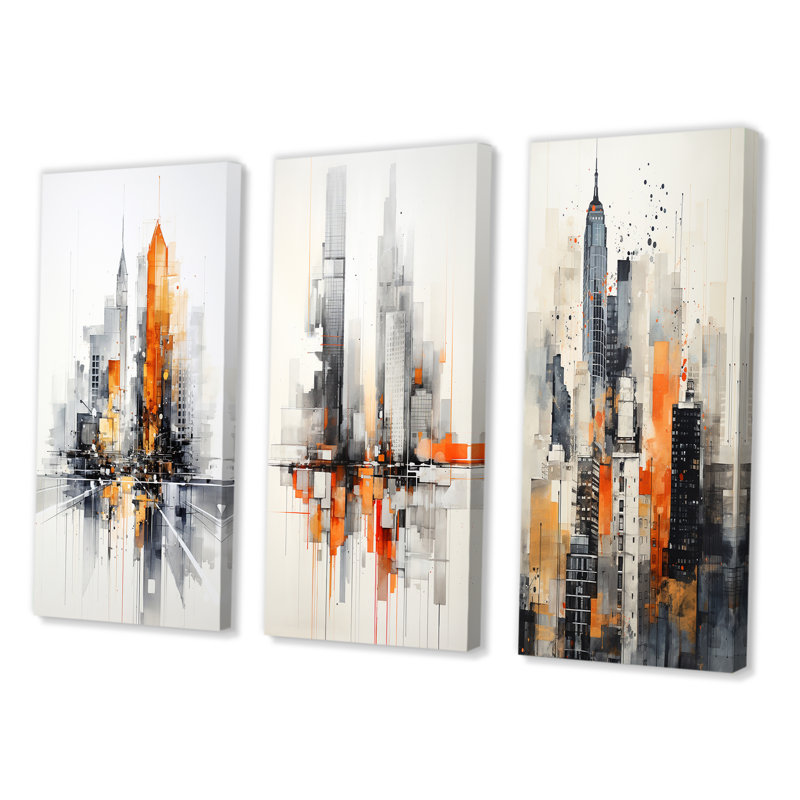 "Orange gris minimalisme urbain" 3 pièces sur toile, Toile tendue, H 32 po x l 48 po