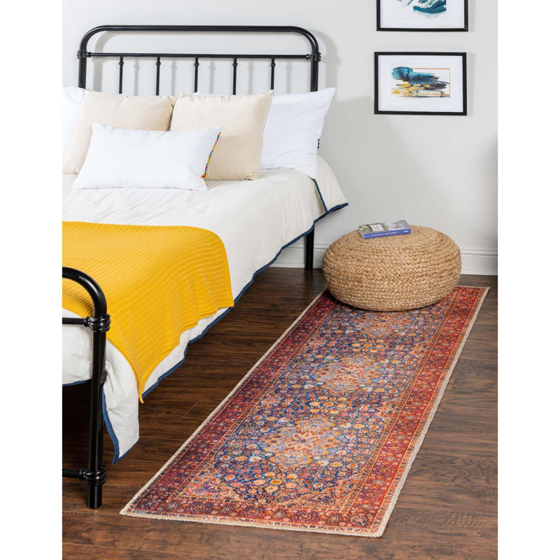 Tapis oriental bleu marine / rouge / orange, Tapis de couloir 2 pi x 6 pi
