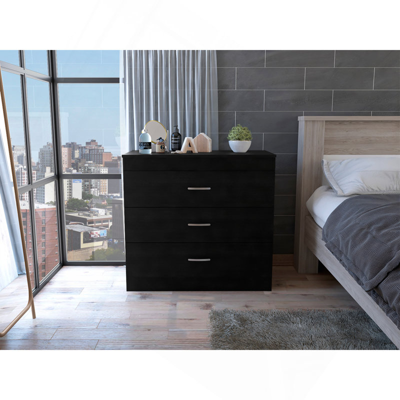 Melia Three Drawer Dresser, Superior Top, Metal Hardware -Black, Black