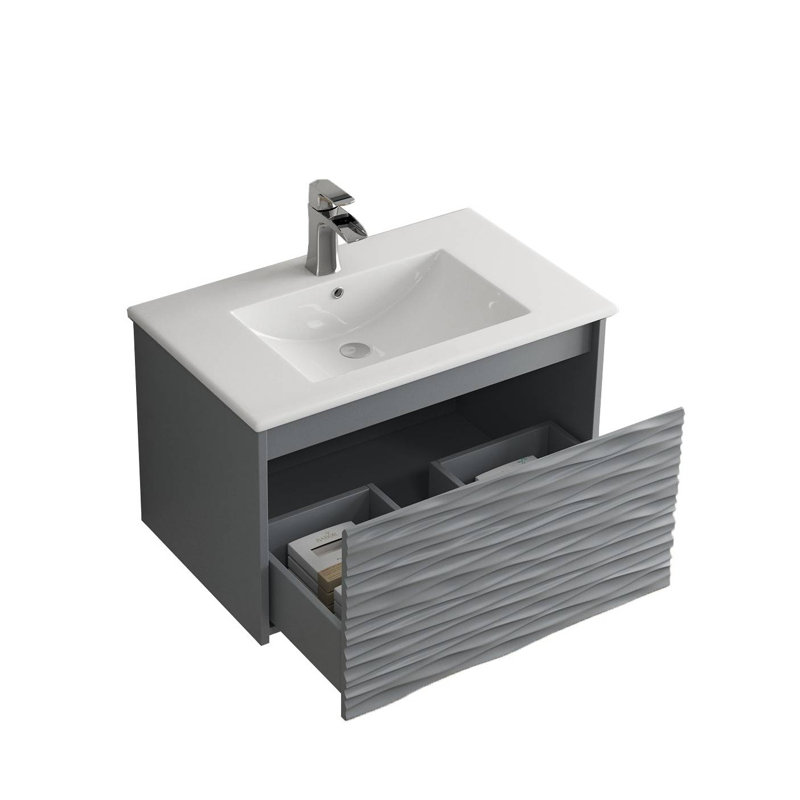 Meuble-lavabo mural simple et flottant 30 po avec lavabo en céramique, Gris métallique
