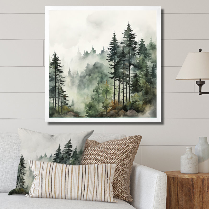 «Forest Pine Tree Misty Morning I», reproduction d'art sur toile, forêt pin, H 36 po x l 36 po, Blanc, Picture Framed