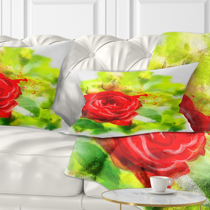 Coussin décoratif rose vif sur fond vert clair - imprimé floral