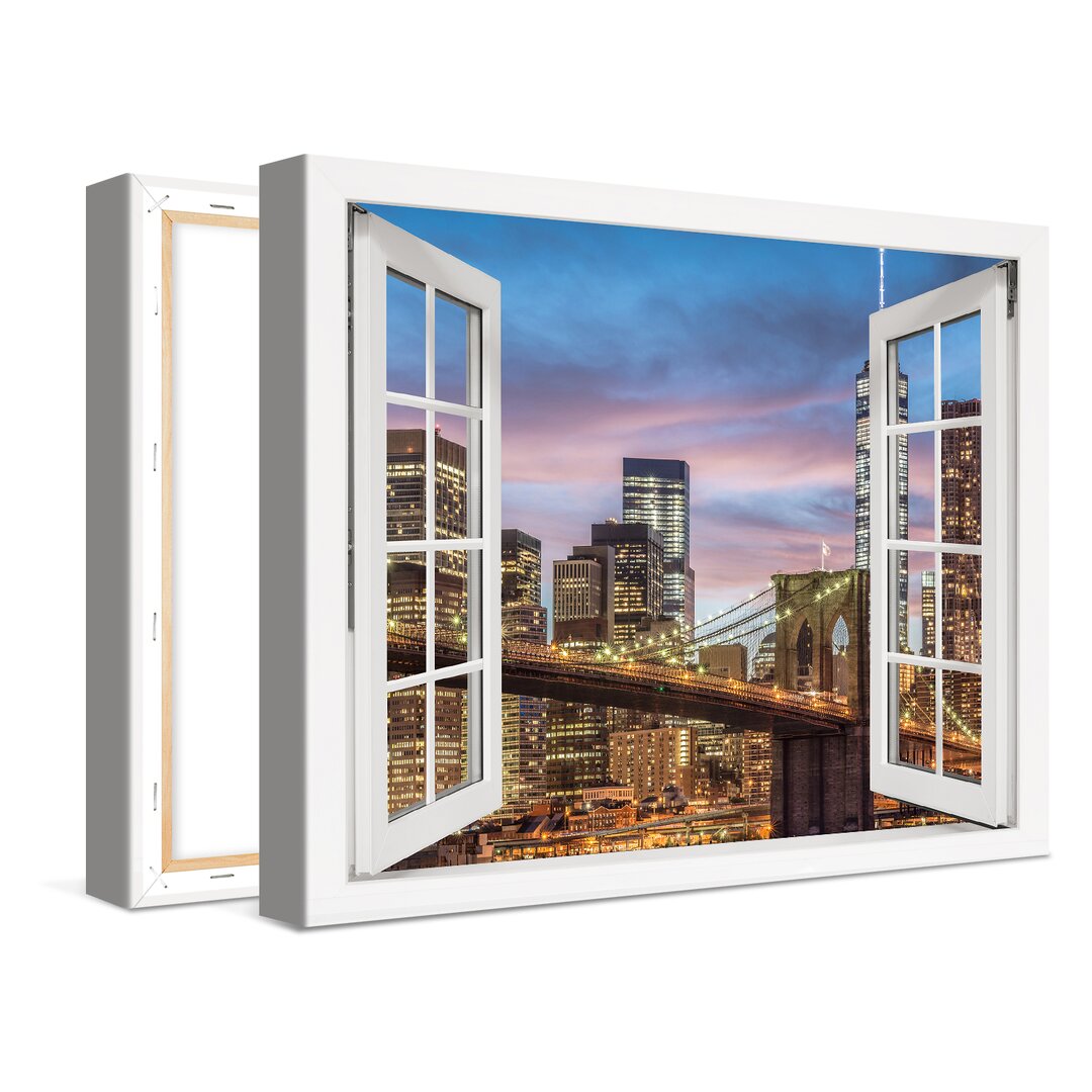 Leinwandbild New York Manhattan Brooklyn Bridge Fenster 100X75cm – Premium Leinwanddruck – Kunstdruck Auf 2Cm Holz-Keilr...