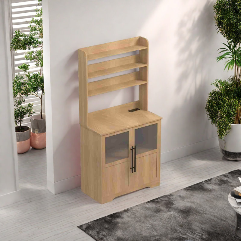 Étagère de boulanger avec prises de courant, petite armoire de cuisine autoportante avec portes, Naturel
