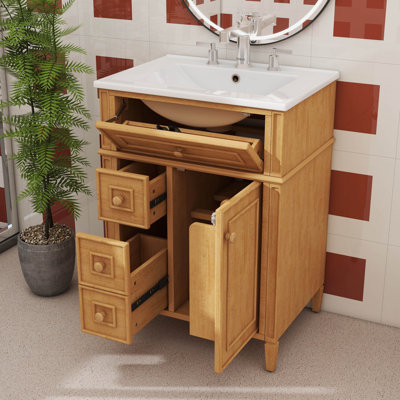 Meuble-lavabo de 24 po avec lavabo, meuble-lavabo en bois avec tiroir rabattable et 2 tiroirs à fermeture en douceur