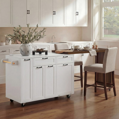 Îlot de cuisine de 102,3 po avec table de salle à manger extensible, chariot d'îlot roulant avec armoire de rangement pour poubelles, support à épices coulissant à 3 niveaux, table d'îlot mobile sur roulettes pour la cuisine, la salle à manger, blanc