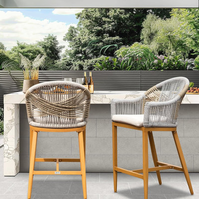Chaises de bar pour l'extérieur à hauteur de comptoir de 2 - Coussin avec structure en corde d'aluminium, kaki, idéal pour le jardin, la terrasse, le coussin de tabourets de piscine, la corde, l'accoudoir et la piscine, la cuisine, la couleur