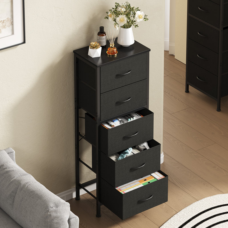 Commode à 5 tiroirs en tissu, commode de rangement verticale avec plateau en bois, grand rangement, Noir