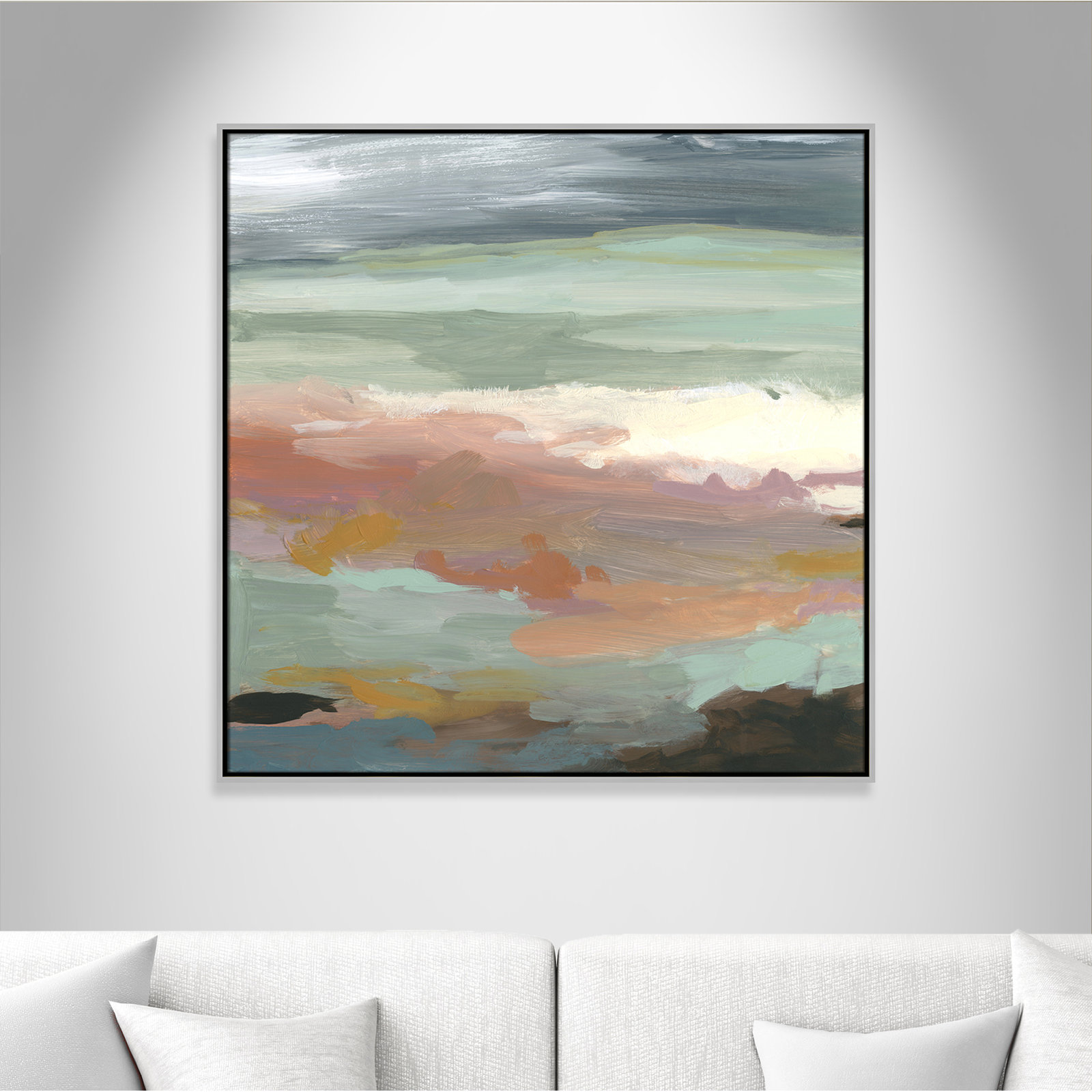 Bingham "Ocean Bluffs" Painting by Carol Robinson, 37.5" H x 37.5" W, Picture Framed Canvas, Silver