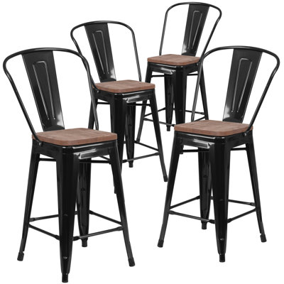 Margherite Modern Bistro Metal Dining Stool with Curved Vertical Slat Back and Wood Seat