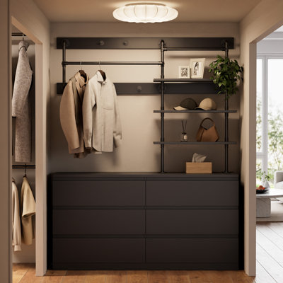 Industrial Pipe Clothing Rack with Drawers & Shelves, Freestanding Heavy Duty Garment Rack with Hanging Rod, Wood & Metal Closet Organizer For For Bedroom, Walk-In Closet & Dressing Area