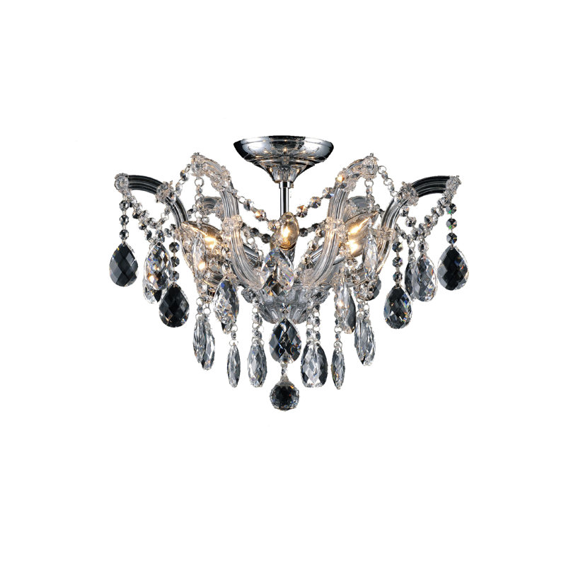 Plafonnier encastré en métal chromé 6 lumières avec cristaux, Transparent