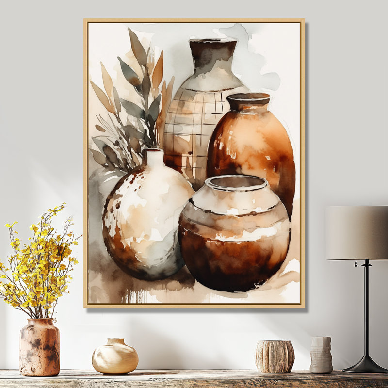 Vase en terre cuite brun et crème Kellerson, H 32 po x l 16 po, Reproduction avec cadre flottant, Érable