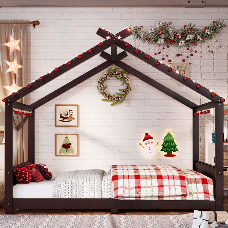 Lit double pleine grandeur avec lattes de soutien, structure en bois massif pour les enfants, pas de sommier tapissier et fabrication ouverte, espresso