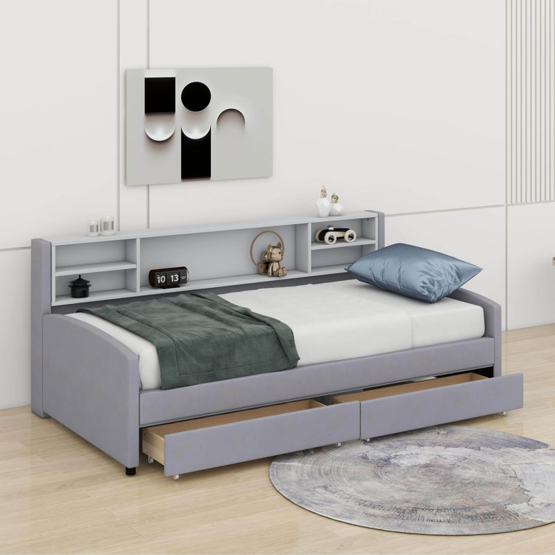 Lit plateforme simple tapissier avec tiroirs, Gris