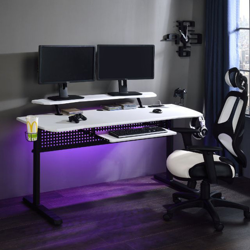 Jayanti Metal Base Computer Desk with Power Outlet, White/Black