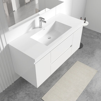 Sonakshi 48 inch Fully Assembled Single Floating Bathroom Vanity with Solid Surface Sink -  Orren Ellis, A7F8379A7D034648A6103D223B11F321