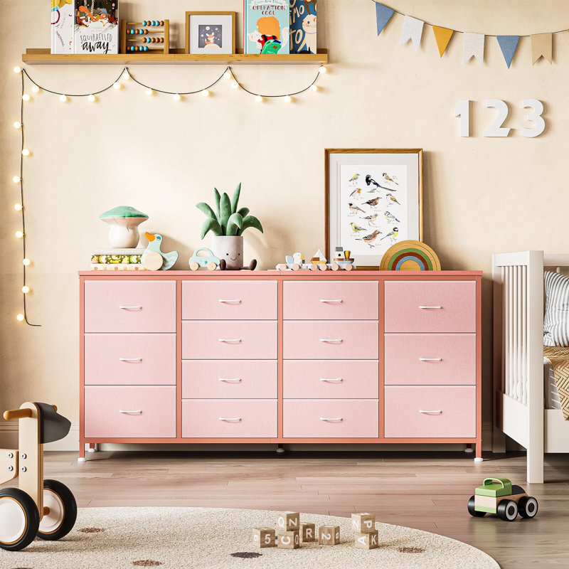 Commode 14 tiroirs, meuble télé 63 po, Rose