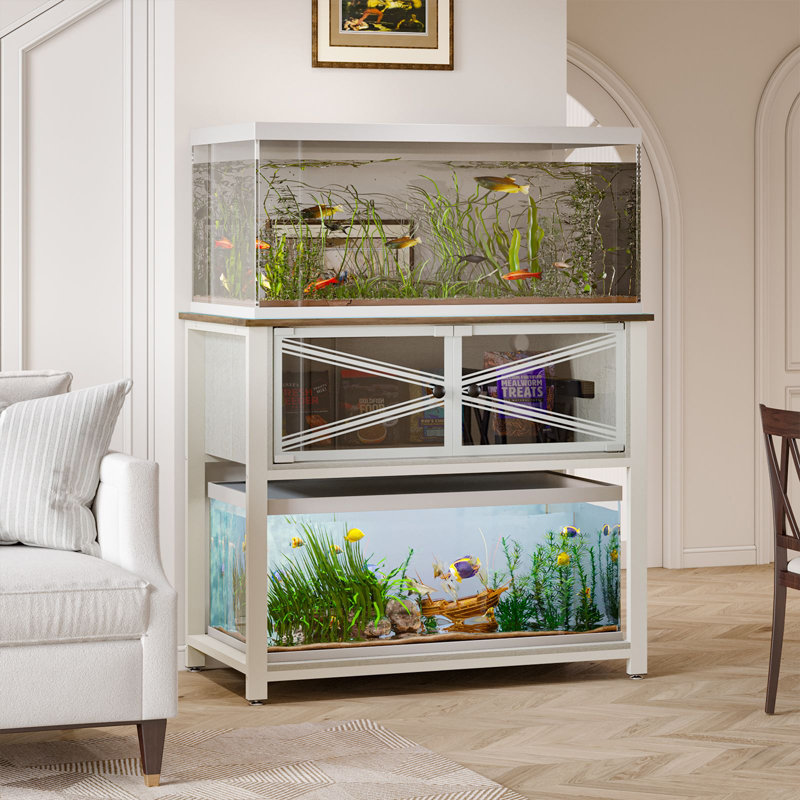 White Heavy Duty Metal Aquarium Stand with Storage Cabinet and LED Light