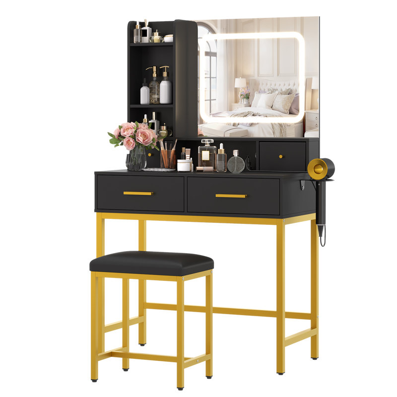 Bureau de coiffeuse avec miroir et lumières, 4 tiroirs, 2 tablettes, 3 modes d'éclairage et une station de charge