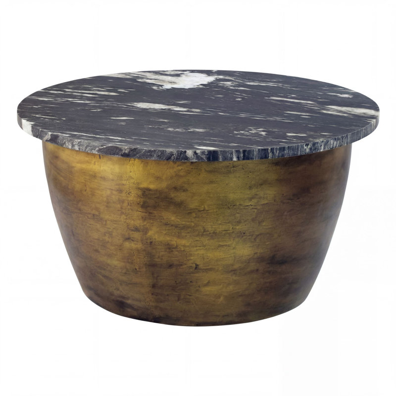 Round Black Marble Coffee Table with Gold Iron Drum Base
