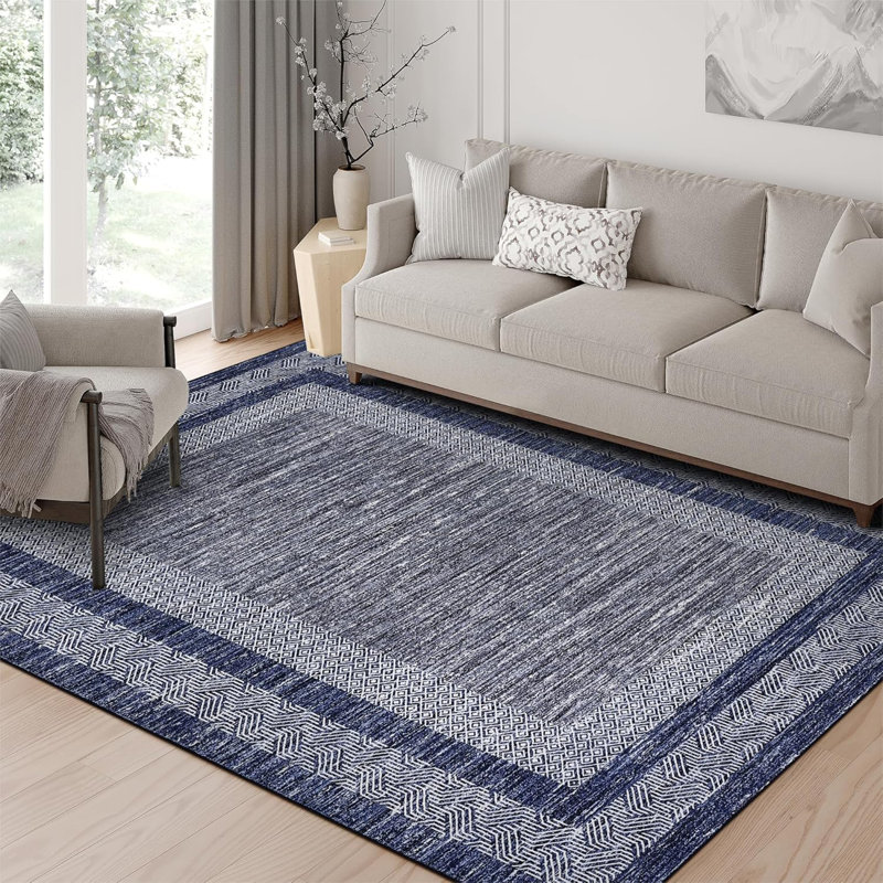8x10 Modern Rug Thin Washable Non-Slip Geometric Border Low Pile Foldable Soft Non-Shedding Indoor Accent Carpet Gray